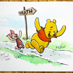 Painting of Piglet and Winnie the Pooh running towards death