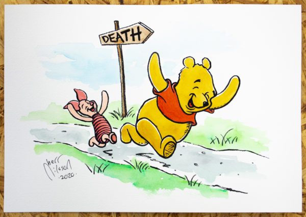 Painting of Piglet and Winnie the Pooh running towards death